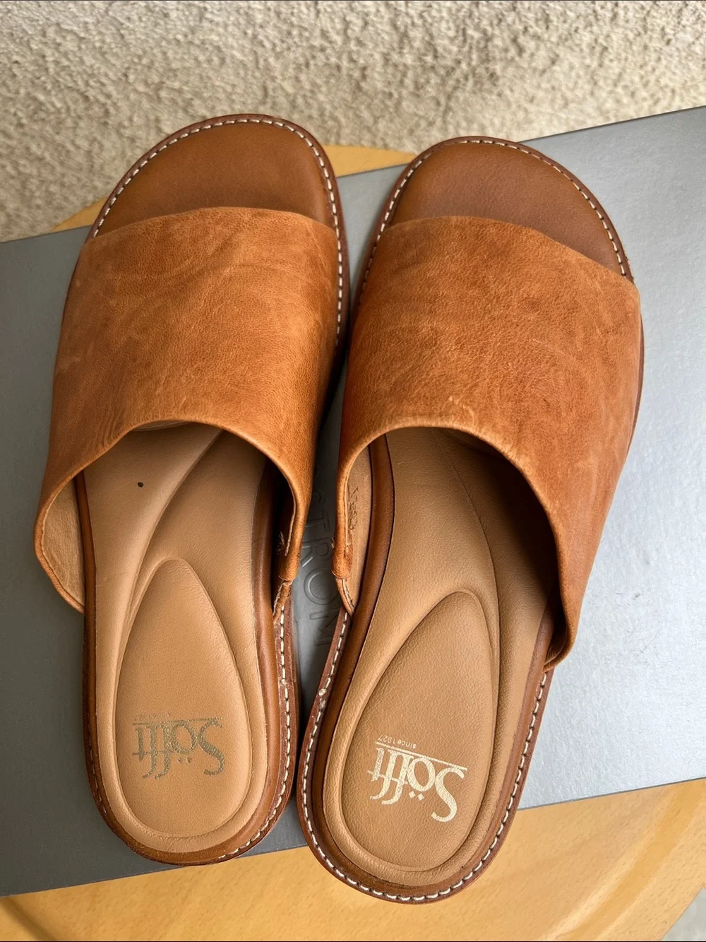 Sofft Tan Leather Slide Sandals